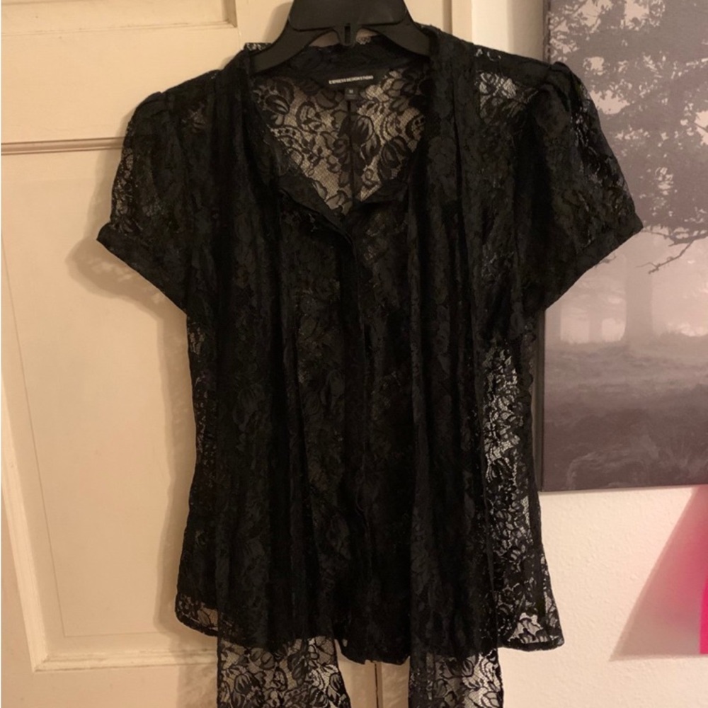 express design studio button up sheer floral lace top with puffed sleeves